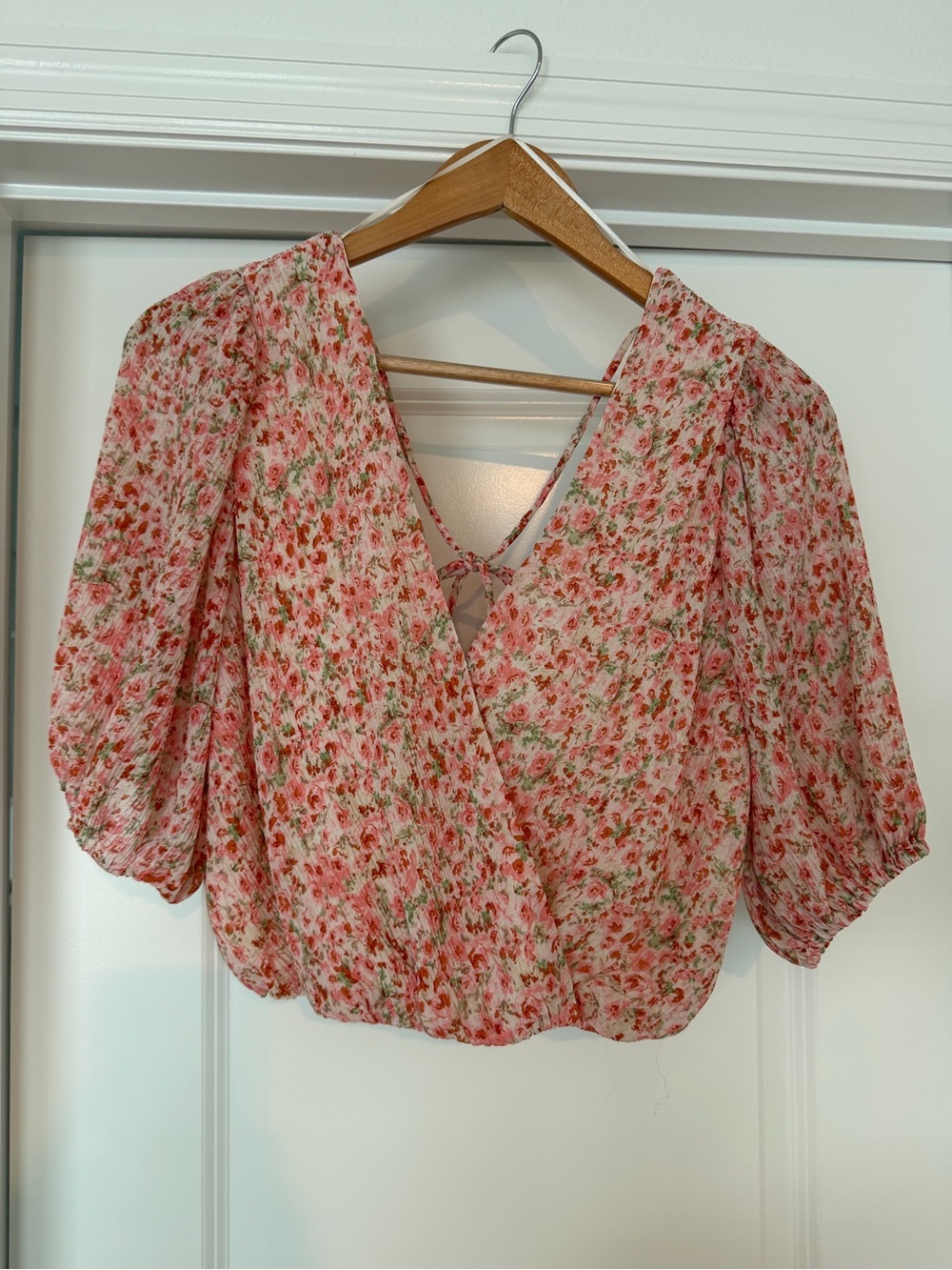 Lush Pink Floral Wrap Crop Blouse